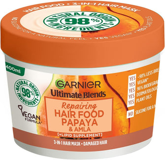 Garnier Ultimate Blends Hair Food, Papaya 3-in-1 Damaged Hair Mask Treatment, 400ml