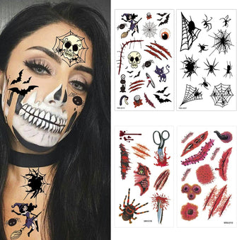 Halloween Face Stickers, Halloween Face Tattoos Halloween Temporary Tattoos 4 Pack Scar Tattoos Halloween Makeup Temporary Tattoos Fake Tattoos for Women, Adults, Kids, Halloween Cosplay Props