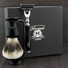 Haryali London Hand Assembled Black Coloured 3 Pc Shaving Set with 3 Edge Cartridge Razor,Pure Silver Tip Badger Hair Brush & Dual Stainless Steel Stand Perfect Kit for Men.