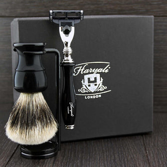 Haryali London Hand Assembled Black Coloured 3 Pc Shaving Set with 3 Edge Cartridge Razor,Pure Silver Tip Badger Hair Brush & Dual Stainless Steel Stand Perfect Kit for Men.