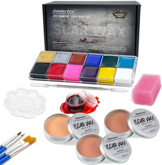 immetee SFX Makeup Kit, Special Effect Face Body Paint Halloween Makeup, Face Paint Oil Palette+3 Scar Wax+1 Fake Blood+4 Paint Brushes+1 Spatula+1 Stipple Sponge+1Palette.