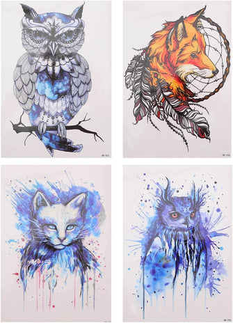 Lurrose Halloween Tattoo Stickers Owl Cat Fox Temporary Tattoo Decals Arm Body Waterproof Removable Tattoo for Women Men Party Makeup Ornaments 4pcs