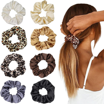 LIHELEI 8PCS Women Hair Scrunchies, Leopard Silk Satin Ponytail Holder, Solid Color Elastic Hair Bands Scrunchy Hair Ties Ropes for Women Girls Ladies