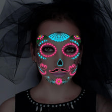 HOWAF 8 Halloween Face Tattoo Glow In The Dark, Day of The Dead Face Tattoos Sugar Skull Day of The Dead Tattoos Halloween Face Temporary Tattoos for Women Men Adult Kids Halloween Party Supplies