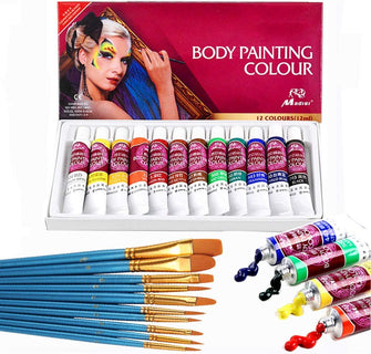 Face Paint Kit,12 Colors Professional Face Painting Tubes, Non-Toxic & Hypoallergenic Body Paint Halloween Makeup, Rich Pigment, Face Painting Kits with 9Pieces Round Pointed Tip Nylon Hair Brush