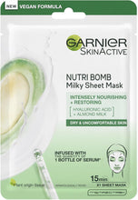 Garnier Nutri Bomb Milky Sheet Mask, With Almond Milk and Hyaluronic Acid for Hydrated Glowing Skin, Intensely Nourishing & Restoring Milky Face Masks, Vegan Tissue