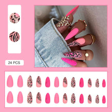 24 PCS Press on Nails Pink Fake Nails Leopard Pattern Fake Nails Medium Fake Nails Black Striped Pattern Fake Nails Wearable Fake Nails Glossy Fake Nails Gifts for Women and Girls