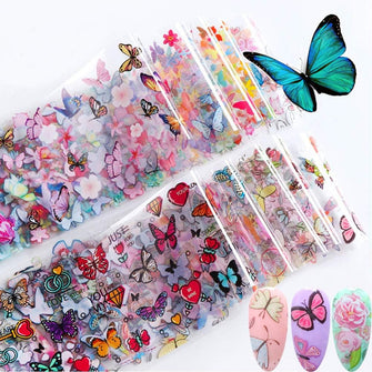 Kalolary 10 Sheets Butterfly Nail Art Foil Transfer Stickers Decals Flower Nail Foil Adhesive Stickers Starry Sky Manicure Transfer Tips Nail Art DIY Decoration Accessories Kit for Women