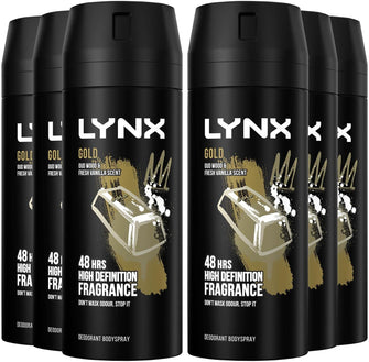 Lynx Gold Bodyspray pack of 6 48 hours of odour-busting zinc tech oud wood & fresh vanilla deodorant 150 ml