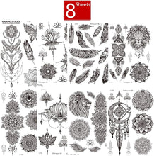 8 Sheets Unique Black Temporary Tattoo Stickers Sexy Realistic Flower Body Art Feather Mandala Waterproof Large Big Arm Tattoos Sheet Lace Indian Bride Sexy Wedding Tatoos for Adults Women Girls