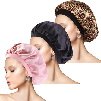 kuou 3 Pieces Silk Bonnet, Satin Bonnet Hair Bonnets Elastic Wide Band Night Sleep Bonnet Soft Satin Sleep Caps Hair Cap for Women Girl Sleeping Hair Care (Black,Leopard,Pink), 30 cm/11.8 inches