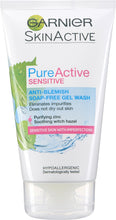 Garnier Pure Active Sensitive Anti-Blemish Face Wash 150ml, Face Cleanser For Sensitive Skin, With Purifying Zinc & Witch Hazel Water, Dermatologically Tested & Hypoallergenic