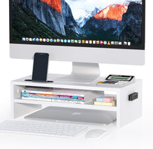 BONTEC Wood Monitor Stand Riser, Desk Monitor Stand with Smartphone Holder, Ergonomic Laptop Stand with Cable Management for Computer, Notebook, iMac, PC, 2 Tiers Black (W420 x D235 x H142mm) White