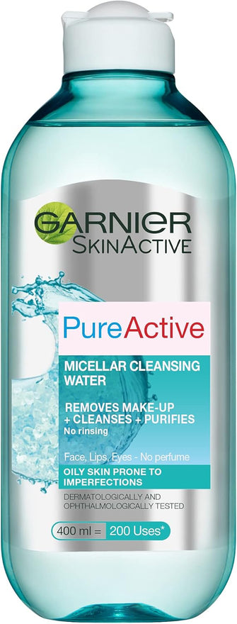 Garnier Pure Active Micellar Water 400ml, Gentle Face Cleanser & Make-Up Remover For Face, Lips & Eyes - Cleanses & Mattifies Combination-Oily Skin, Best Used With Reusable Micellar Eco Pads