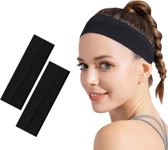 LIL POSH 2x BLACK Cotton Fabric Headbands for Men and Women - Fashionable and Sweat-Wicking Hairbands for Active wear Workout, Yoga, and Makeup - Wide and Plain Elastic Head Band