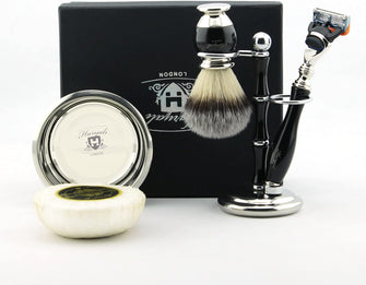 Haryali London Mens 5Pc Shaving Kit 5 Edge Razor with Synthetic Badger Hair Shaving Brush Stand Bowl and Soap Perfect Set for Men