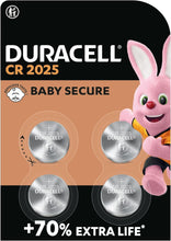 DURACELL 2025 Lithium Coin Batteries 3V (4 Pack) - Up to 70% Extra Life - Baby Secure Technology - For Use in Key Fobs, Fitness Watches and 3D Glasses - Baby Secure Packaging