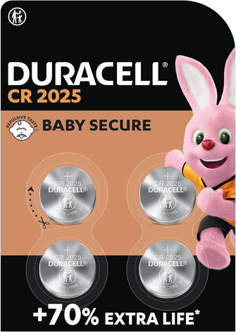 DURACELL 2025 Lithium Coin Batteries 3V (4 Pack) - Up to 70% Extra Life - Baby Secure Technology - For Use in Key Fobs, Fitness Watches and 3D Glasses - Baby Secure Packaging