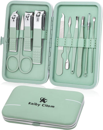 Manicure Set 10pcs Professional Nail Clippers Kit Pedicure Care Tools-Stainless Steel Grooming Tools for Travel (Green)