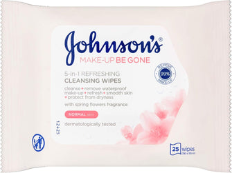 Johnson's Makeup Be Gone Refreshing Wipes, Spring flower, Clear, Pack of 25