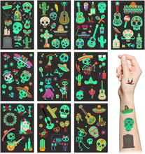 Day of the Dead Temporary Tattoos for Kids,10 Sheets Mexican Fiesta Glow in The Dark Tattoo Sticker,Sugar Skull Skeleton Cactus Tattoo Set for Girls Boys Halloween Cinco De Mayo Party Supplies