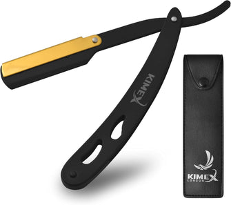 KIMEX LONDON Cut Throat Razors - Powder Coated Stainless Steel Straight Razor - Barber Razors for Shaving - Shavette with Leather Cover - Barber Blade with 24K Gold Swing Lock.