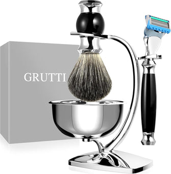 GRUTTI Premium Shaving Brush Set with Brush Stand and Brush Holder for Soap Bowl and Manual Razor Shaving Gift Sets for Men compitable for Fusion 5s for Men (Fu 5 & Badger Hair Version)