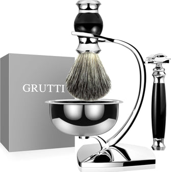 GRUTTI Shaving Set, Deluxe Chrome Razor and Brush Stand with Soap Bowl and Badger Hair Shaving Brush and Safety Razor (Double Edge) (Badger Hair Version)