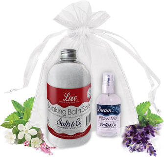Love & Dream - Aromatherapy Bath Salts & Pillow Spray Gift Set - Packaged in Organza Bag - Jasmine, Ylang ylang, Rose oils by Salts & Co