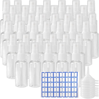 MUKLEI 40 PCS 30 ml Clear Plastic Spray Bottles, Empty Fine Mist Bottles with Funnels and Labels, Travel Size Atomiser Bottle Refillable Containers for Toiletries, Makeup, Cleaning, M