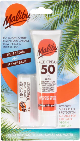 Malibu Sun Duo Pack, SPF 50 Face Cream Sunscreen and SPF 30 Lip Balm Protection, Water Resistant, 2 Piece, 40ml and 5g