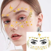 Gold Face Tattoos, 15 Sheets Metallic Temporary Tattoo Sticker Glitter Eye Halloween Face Stickers Jewels Moon Gems Dots Butterfly Star for Women Girls Halloween Makeup Dancer Costume Parties