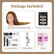 Neverland Hairdressing Head,28 inch 50% Real Human Hair Training Head Cosmetology Make-up Mannequin Manikin Doll Head with Table Clamp Holder,Eyelash,DIY Hair Styling Braid Set(Gold)