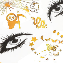 Gold Face Tattoos, 15 Sheets Metallic Temporary Tattoo Sticker Glitter Eye Halloween Face Stickers Jewels Moon Gems Dots Butterfly Star for Women Girls Halloween Makeup Dancer Costume Parties