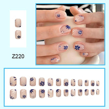 NICENEEDED Short Leaf Flower False Nails, French Blue Daisy Full Cover Glossy Stick on Nails, Spring Square White Acrylic Artificial Manicure Press on Nail with Jelly Glue for Women Girls 24PCS