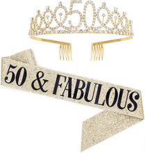Leixi 50 and Fabulous Sash & Rhinestone Tiara Set - 50th Birthday Gifts Birthday Sash for Women Birthday Party Supplies (Gold)