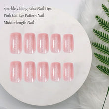 Fake Nails Press On Nails Pink Crystal Cat Eye Effect False Nails,24pcs Medium Length Removable Nail Tips Glossy Full Cover Stick On Nails With Jelly Gel For Women And Girls Festival