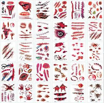 Halloween Scars Temporary Tattoos, 30 Sheets Fake Bloody Wound Scar Realistic Temporary Tattoo Sticker for Halloween Costume Zombie Party Supplies Cosplay Props