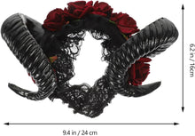 Lurrose Halloween Headband Sheep Horn Head Piece Rose Flower Hair Band Gothic Horns Headwear with Lace Veil for Festival