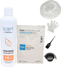 Full hair bleaching kit cream peroxide 10 vol 250ml + blue powder bleach 80g + bowl + brush + gloves + cap