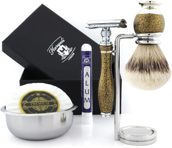 Haryali London Shaving Kit - 6pc Shaving Brush Set - Sustainable Shaving Set - Gold Black - Badger Shaving Brush - Double Edge Safety Razor - Shaving Stand - Shaving Soap - Shaving Bowl - Alum Pencil