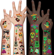 Day of the Dead Luminous Temporary Tattoos for Kids - 10 Sheets Glow In The Dark Tattoos Stickers for Boys and Girls,Sugar,Skeletons,Gemstones,Red Roses Face Makeup Tattoos Set,Holiday Party Gifts