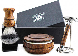 Haryali London Shaving Kit, 6 Pc Wooden Safety Razor Set, Synthetic Hair Shaving Brush, Elegant Shaving Bowl, Shaving Soap, Shaving Stainless Steel Stand, Sustainable Grooming Gift Set