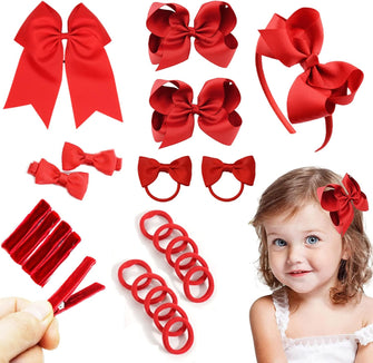 MUFEKUM 22 Pcs Red Hair Bow School Hair Accessories for Girls, Elastic Red Bow Hair Bands Hair Bow Clips Red Bow Headband, Hair Ties Hairpins Girls Hair Accessories for Christmas Birthday Gift