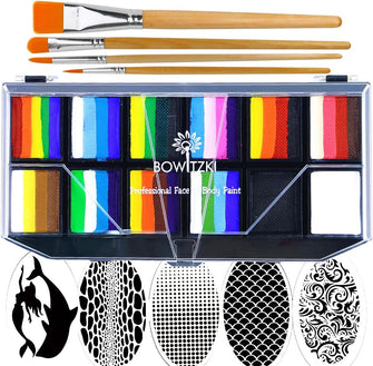 Bowitzki Professional Face Painting Kit For Kids Adults 12x10 gm Face paint Set with Stencil One Stroke Split Cake Non Toxic Rainbow Flora Dolphin Unicorn Flame Body Paint Makeup