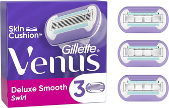 Gillette Venus Deluxe Smooth Swirl Razor Blades Women, Pack of 3 Razor Blade Refills, Lubrastrip with A Touch of Vitamin E, SkinCushion Helps Protect From Shave Irritation