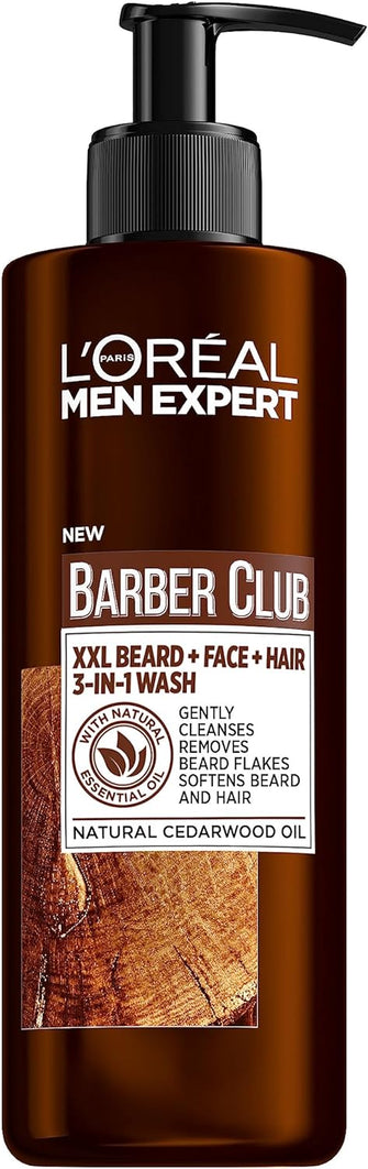 L'Oreal Men Expert 3-in-1 Beard, Hair & Face Wash, Deeply Cleanses and Removes Beard Flakes, With Cedarwood Essential Oil, Barber Club, 200ml