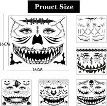 Enyacos 7pcs Scary Halloween Face Temporary Tattoos For Women Men,Skeleton Mouth Tattoo,Halloween Makeup Adults, 3d Spider Web Face Tattoo Sticker,Fake Cuts Halloween Decor Party Supplies (A)