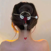 NICENEEDED Sparkle Pearls Hair Sticks, Glossy Beaded Tassels Hair Slide Hairpins for Long Hair Decoration, Red Rose Chignon Buns Holder Clips for Women and Girls