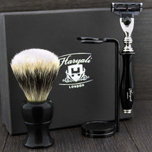 Haryali London Hand Assembled Black Coloured 3 Pc Shaving Set with 3 Edge Cartridge Razor,Pure Silver Tip Badger Hair Brush & Dual Stainless Steel Stand Perfect Kit for Men.